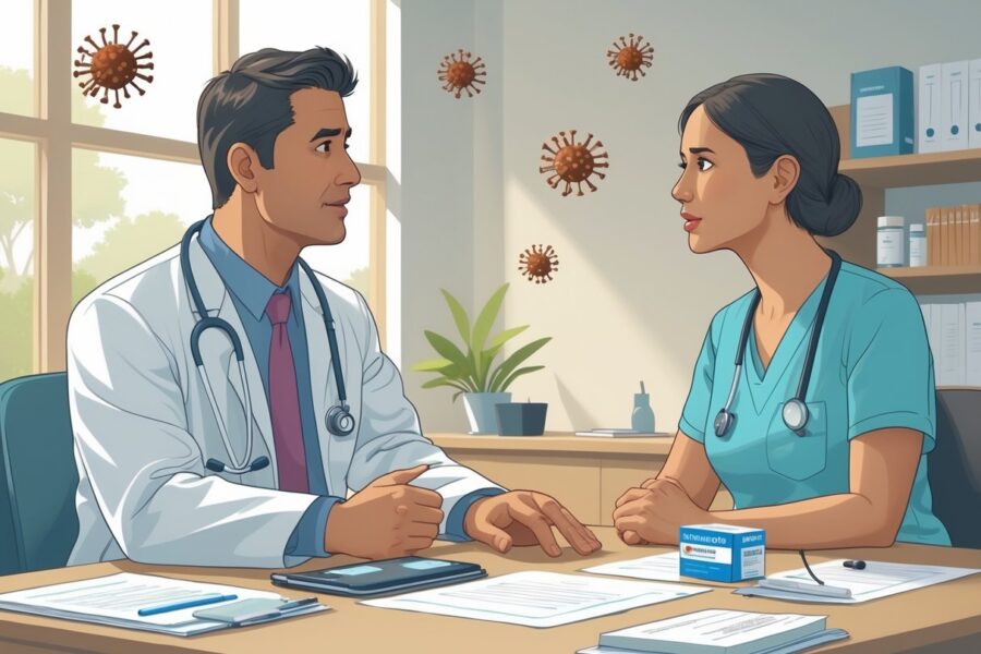 Paciente conversando com médico em consultório sobre uso de medicamento durante dengue.