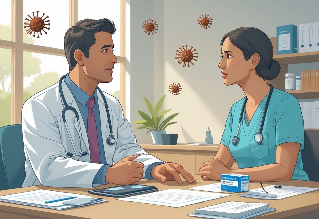 Paciente conversando com médico em consultório sobre uso de medicamento durante dengue.