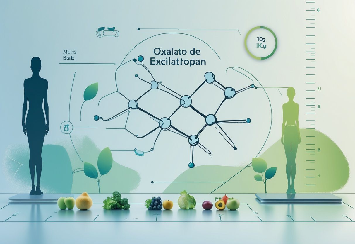 Ilustração mostrando uma estrutura molecular com elementos que representam perda de peso, incluindo uma silhueta humana emagrecendo e ícones de balança, fita métrica e alimentos saudáveis.