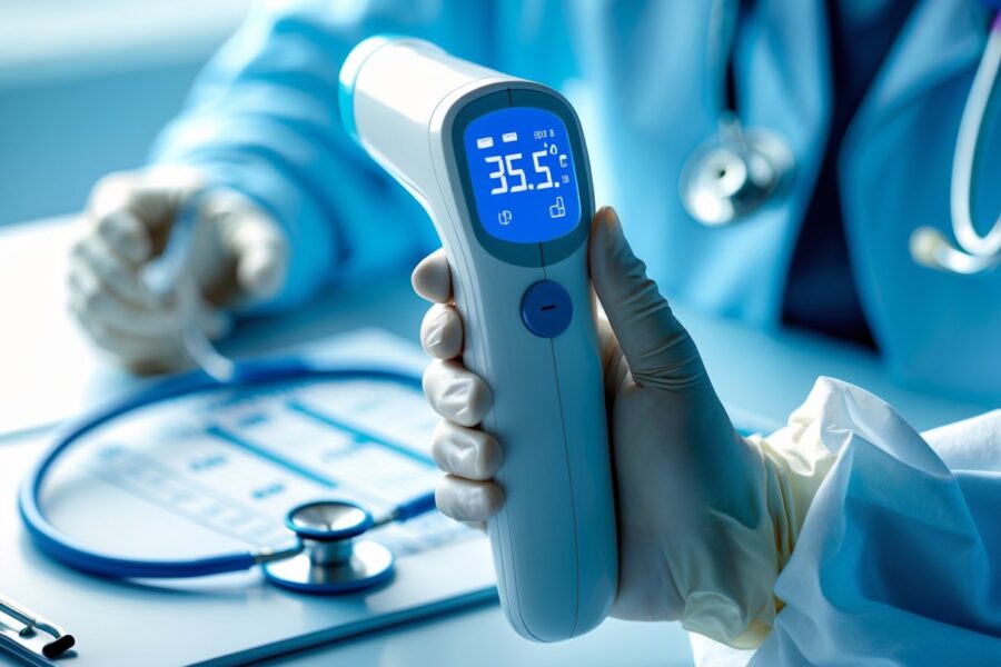 Termômetro digital mostrando temperatura de 35,5°C em ambiente clínico com mão usando luva médica.