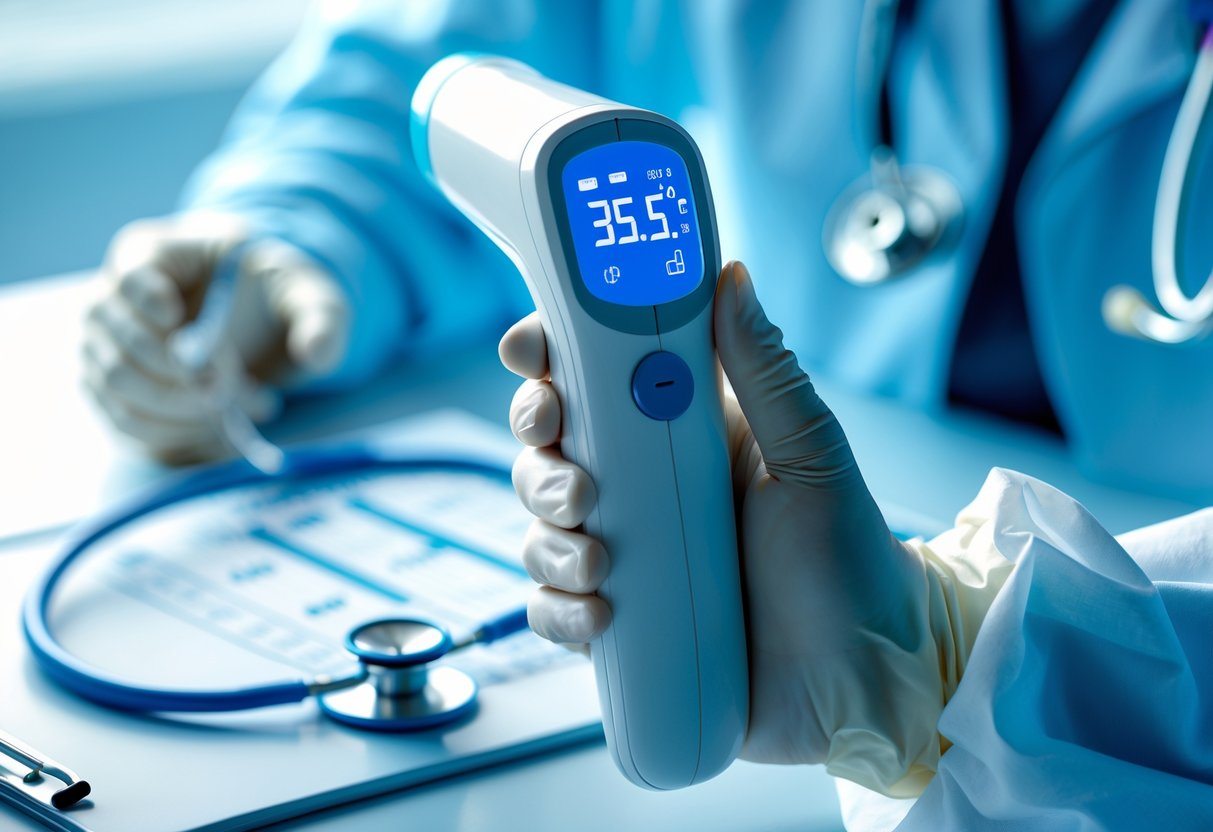 Termômetro digital mostrando temperatura de 35,5°C em ambiente clínico com mão usando luva médica.