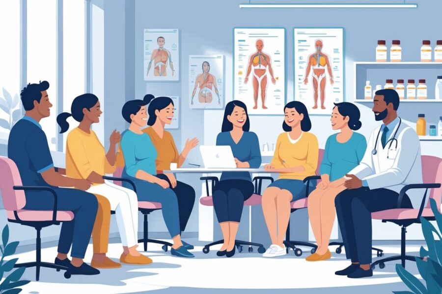 Grupo de adultos conversando com um profissional de saúde em uma sala de consulta médica moderna e organizada.