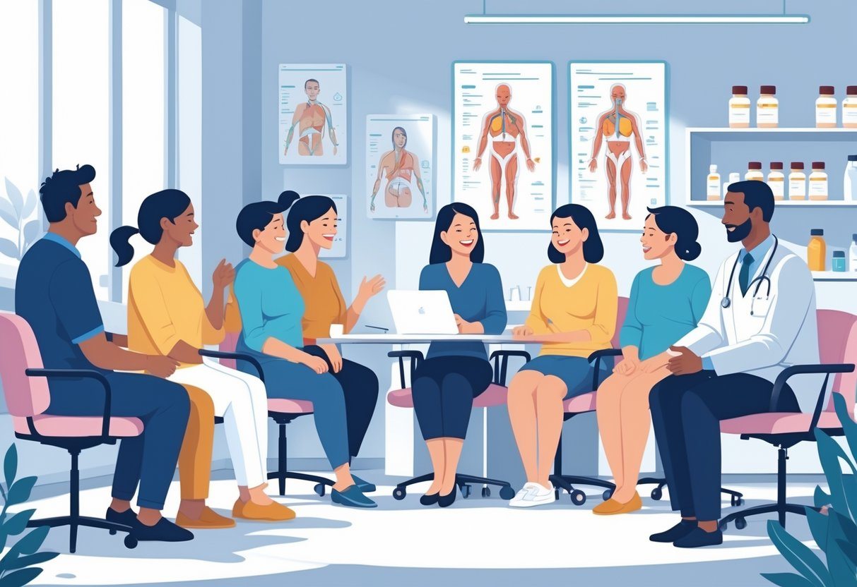 Grupo de adultos conversando com um profissional de saúde em uma sala de consulta médica moderna e organizada.