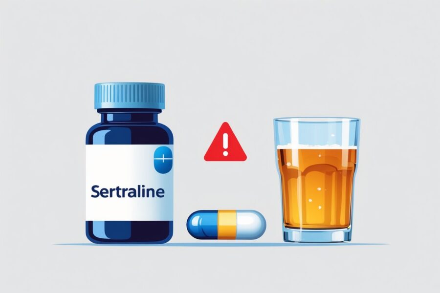 Uma ilustração mostrando uma embalagem de sertralina ao lado de um copo com bebida alcoólica, com um símbolo de aviso entre eles.
