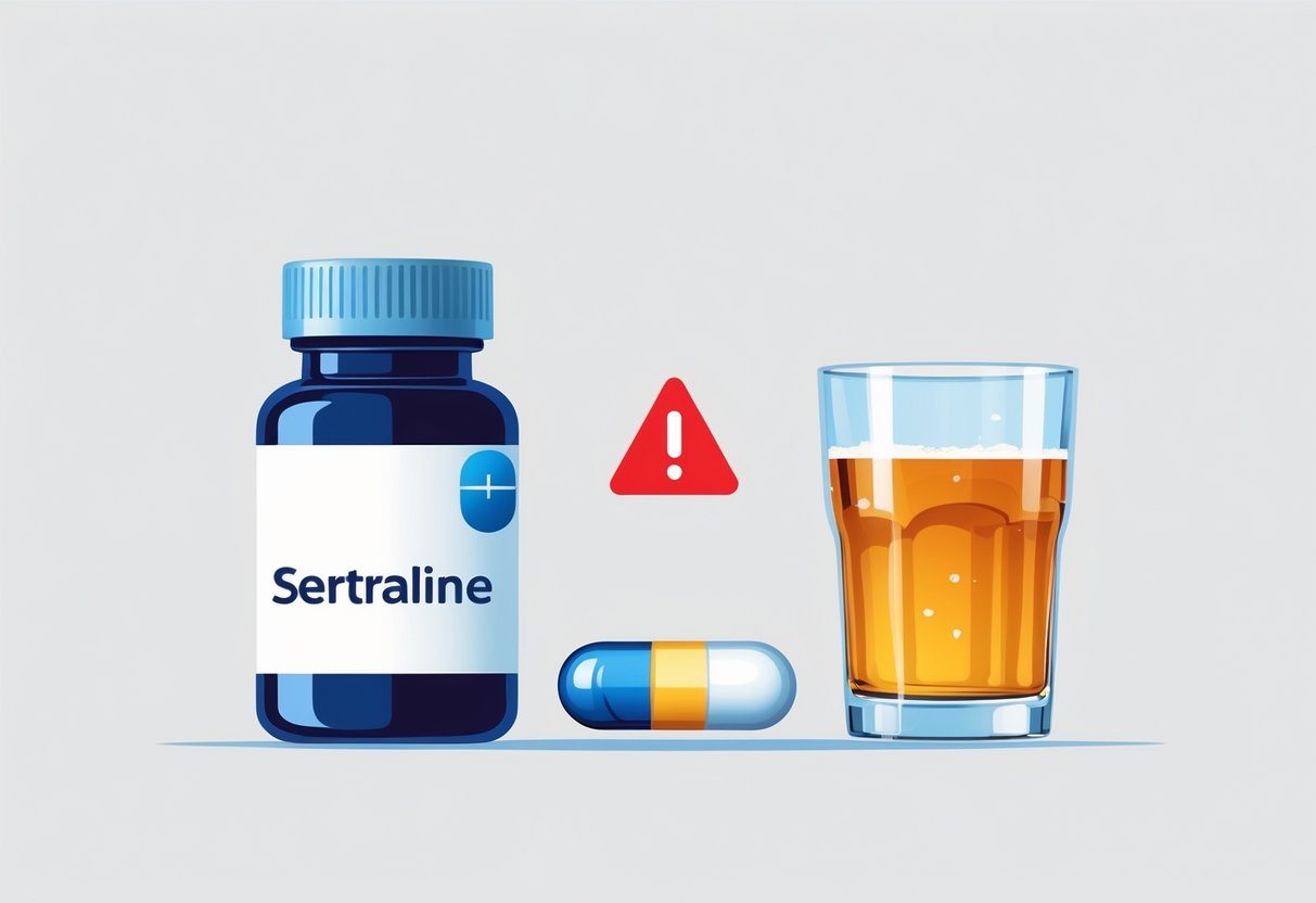 Uma ilustração mostrando uma embalagem de sertralina ao lado de um copo com bebida alcoólica, com um símbolo de aviso entre eles.