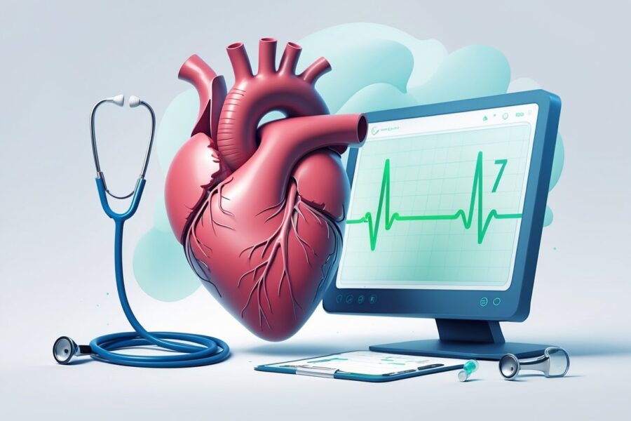 Ilustração de um coração humano com um monitor cardíaco mostrando uma frequência de 47 batimentos por minuto.
