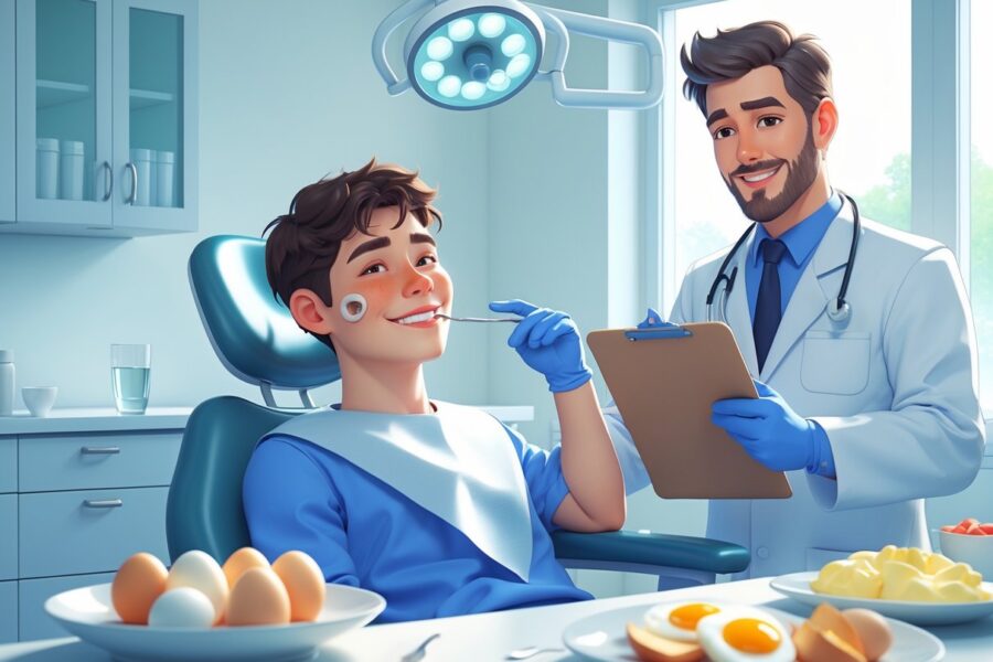 Paciente sentado na cadeira do dentista tocando a bochecha, com dentista ao lado explicando e um prato com ovos cozidos sobre a mesa próxima.