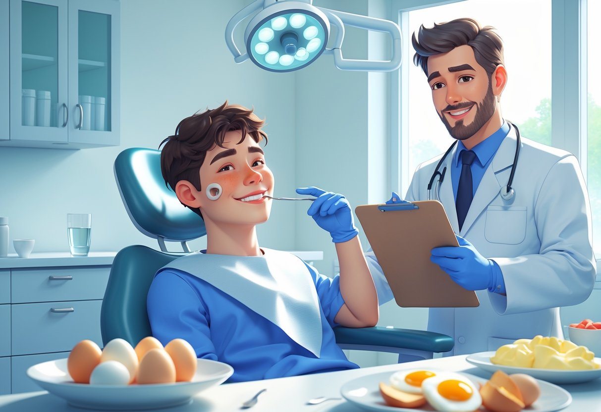 Paciente sentado na cadeira do dentista tocando a bochecha, com dentista ao lado explicando e um prato com ovos cozidos sobre a mesa próxima.