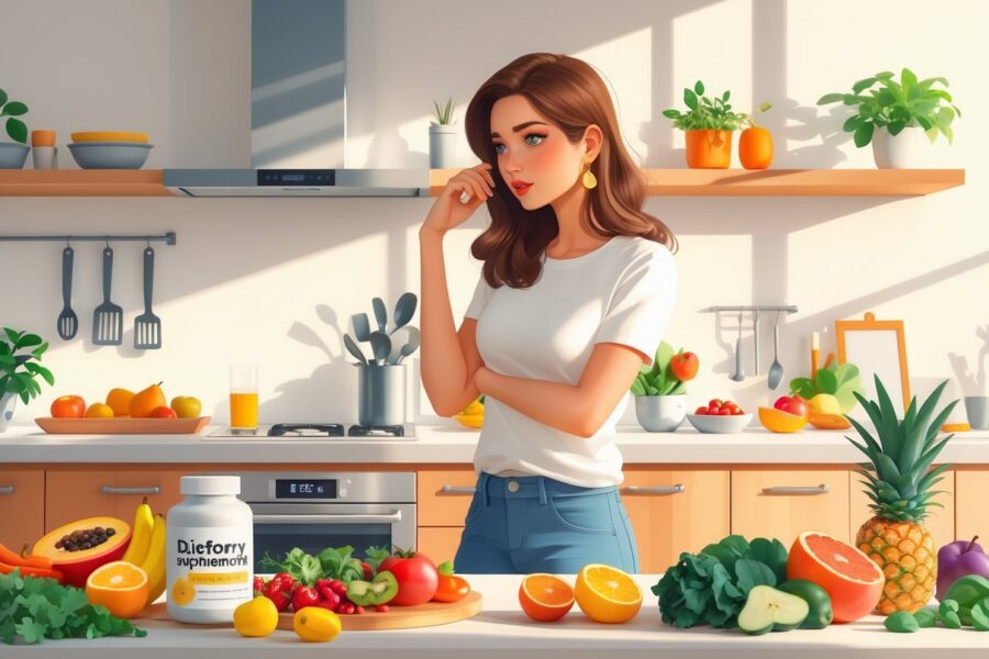 Mulher jovem pensativa em uma cozinha moderna olhando para alimentos saudáveis e um suplemento dietético sobre a bancada.