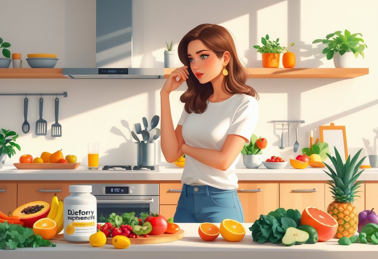 Mulher jovem pensativa em uma cozinha moderna olhando para alimentos saudáveis e um suplemento dietético sobre a bancada.