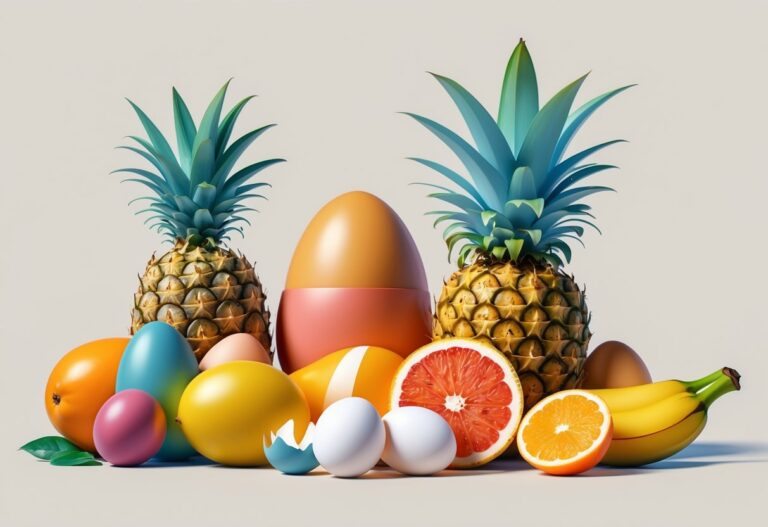 Ilustração mostrando ovos ao lado de várias frutas como banana, manga, abacaxi e laranja, com algumas frutas destacadas para indicar que podem fazer mal quando consumidas com ovo.