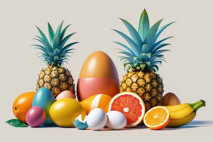 Ilustração mostrando ovos ao lado de várias frutas como banana, manga, abacaxi e laranja, com algumas frutas destacadas para indicar que podem fazer mal quando consumidas com ovo.