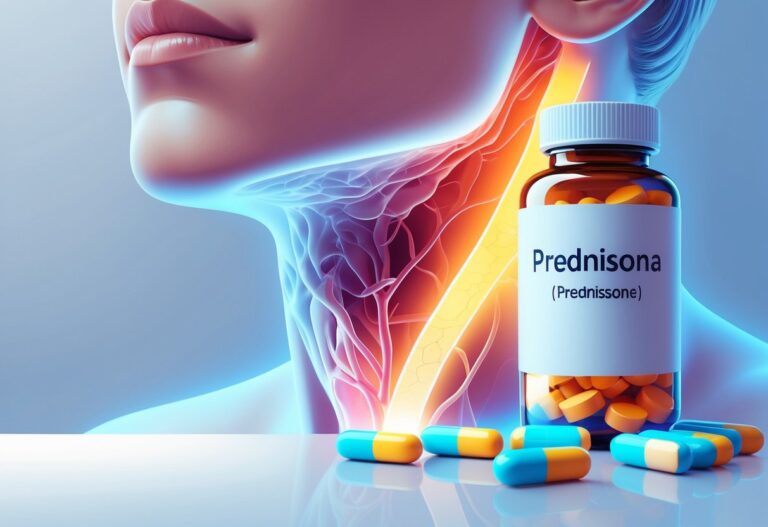 Ilustração médica mostrando uma garganta inflamada e um frasco de prednisona com comprimidos ao lado.