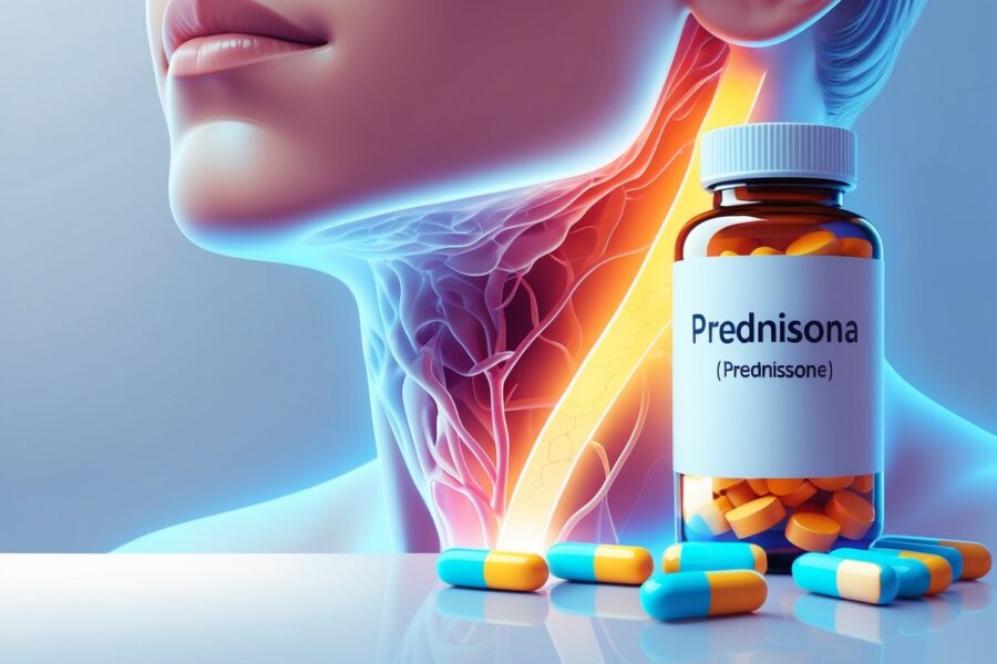 Ilustração médica mostrando uma garganta inflamada e um frasco de prednisona com comprimidos ao lado.