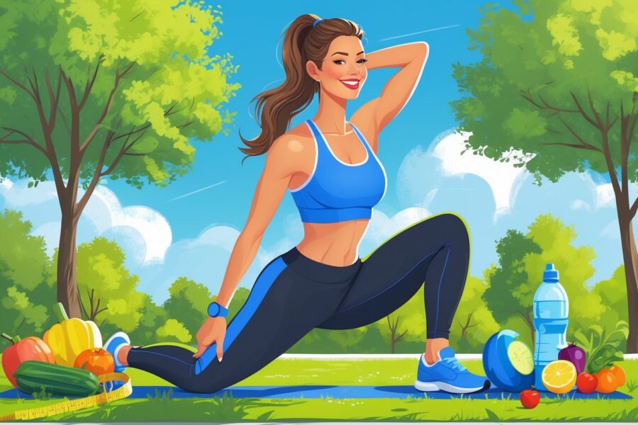 Mulher saudável e confiante praticando exercícios ao ar livre em um parque ensolarado, com frutas, legumes e uma fita métrica ao redor.