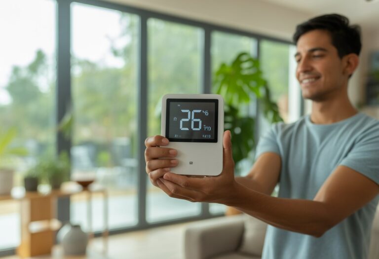 Pessoa em ambiente interno confortável, vestindo roupa leve, com luz natural e plantas ao redor, sugerindo temperatura amena de 26 graus.