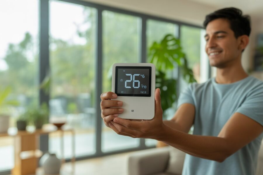 Pessoa em ambiente interno confortável, vestindo roupa leve, com luz natural e plantas ao redor, sugerindo temperatura amena de 26 graus.