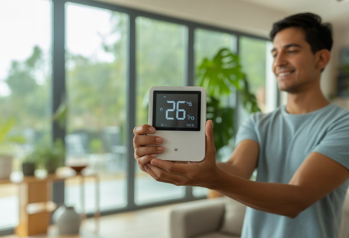 Pessoa em ambiente interno confortável, vestindo roupa leve, com luz natural e plantas ao redor, sugerindo temperatura amena de 26 graus.