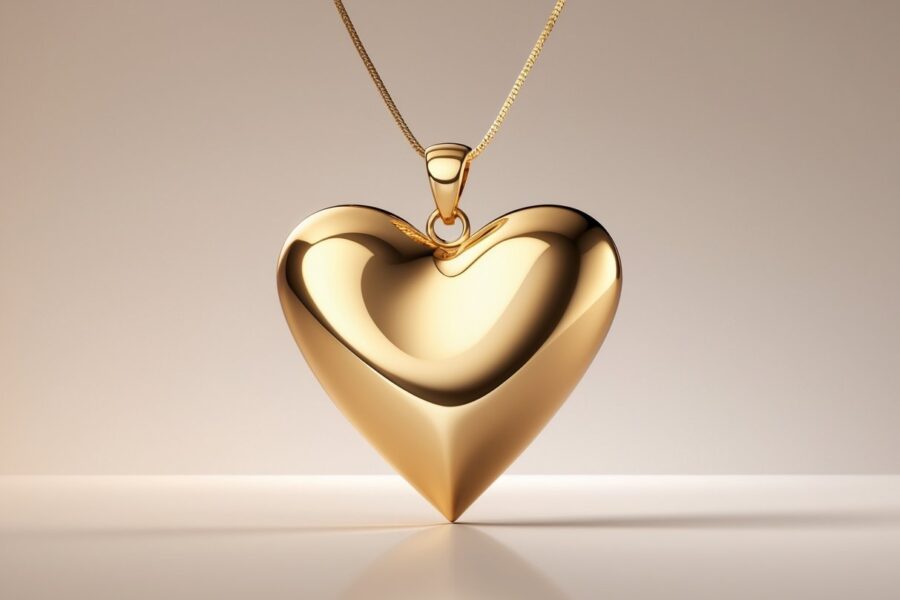 Um pingente dourado em forma de coração estilizado pendurado em uma corrente fina, sobre um fundo neutro.
