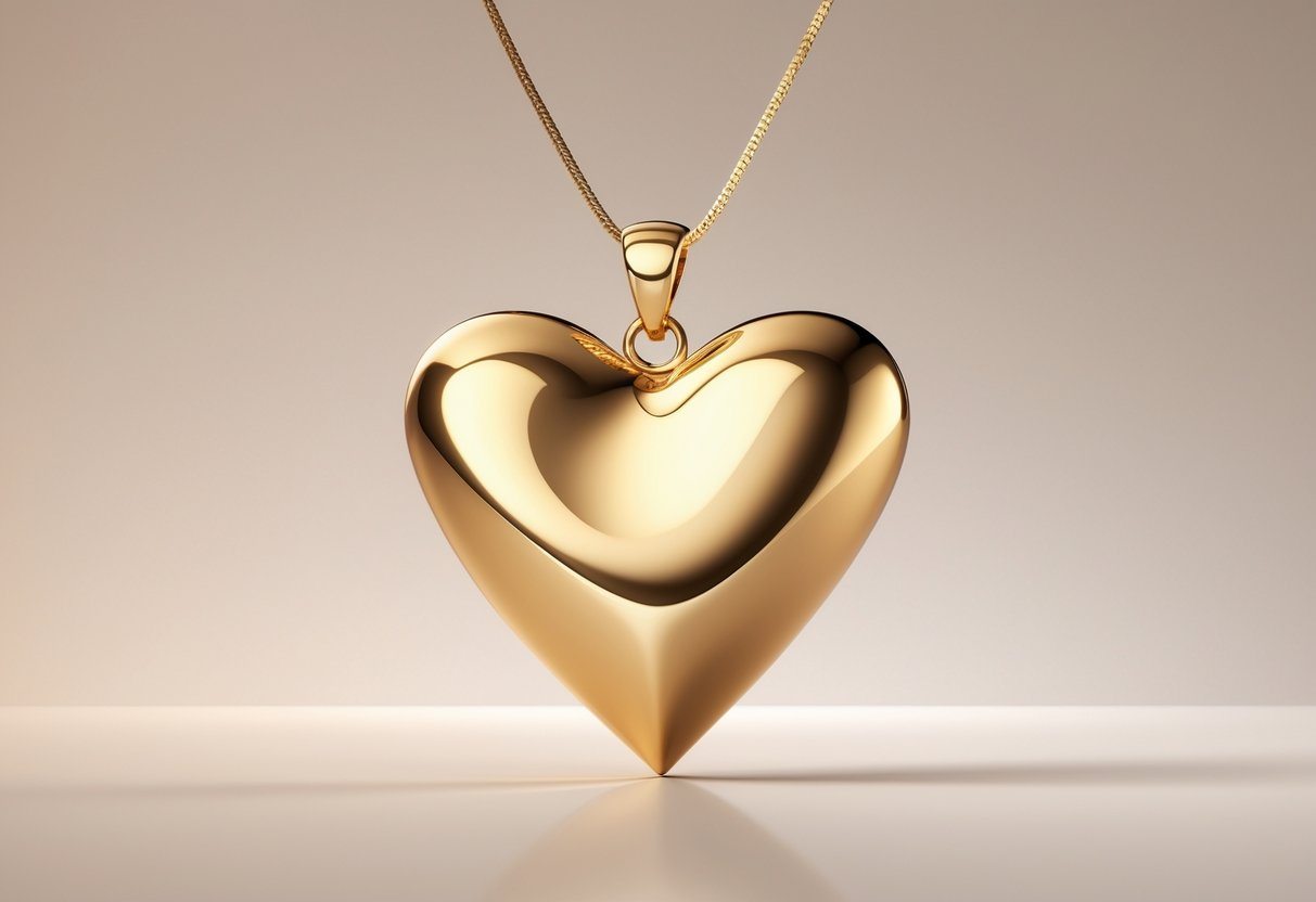 Um pingente dourado em forma de coração estilizado pendurado em uma corrente fina, sobre um fundo neutro.