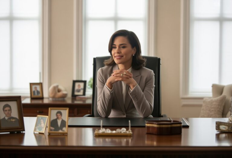 Mulher latina elegante sentada em uma mesa de escritório moderno, com fotos de família e objetos que sugerem herança e responsabilidade.
