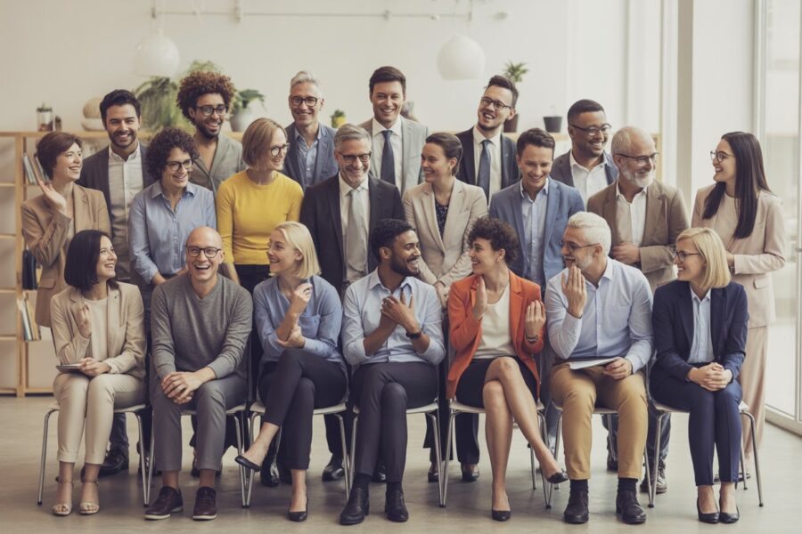 Grupo diverso de 24 pessoas em um ambiente de escritório moderno, interagindo de forma amigável e colaborativa.