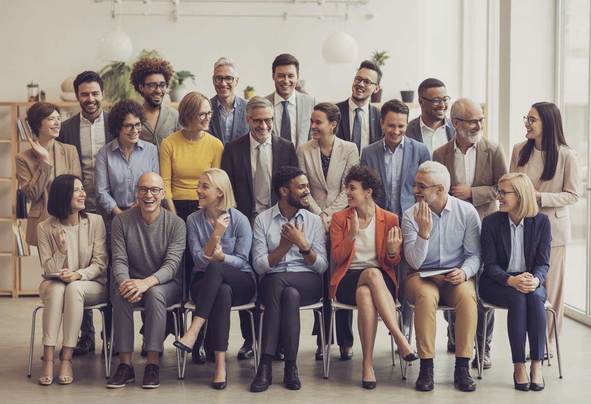 Grupo diverso de 24 pessoas em um ambiente de escritório moderno, interagindo de forma amigável e colaborativa.