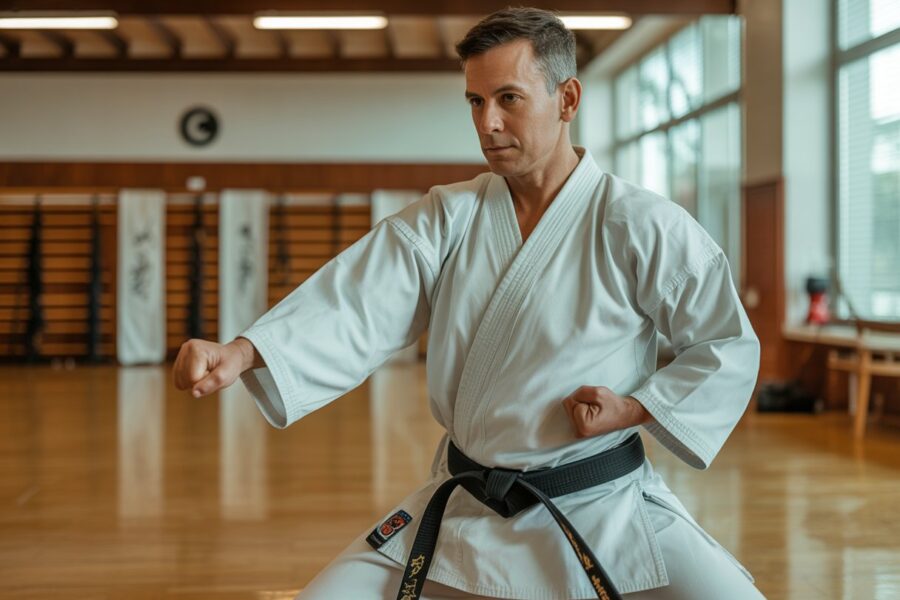 Instrutor de karatê em posição de luta dentro de um dojo iluminado.