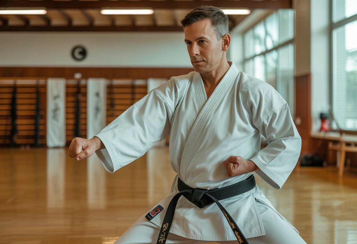 Instrutor de karatê em posição de luta dentro de um dojo iluminado.