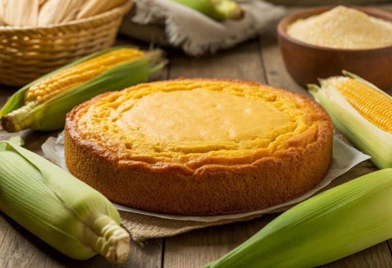 Bolo de milho amarelo e recém assado sobre uma mesa de madeira com espigas de milho frescas ao redor.