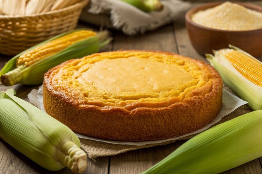 Bolo de milho amarelo e recém assado sobre uma mesa de madeira com espigas de milho frescas ao redor.