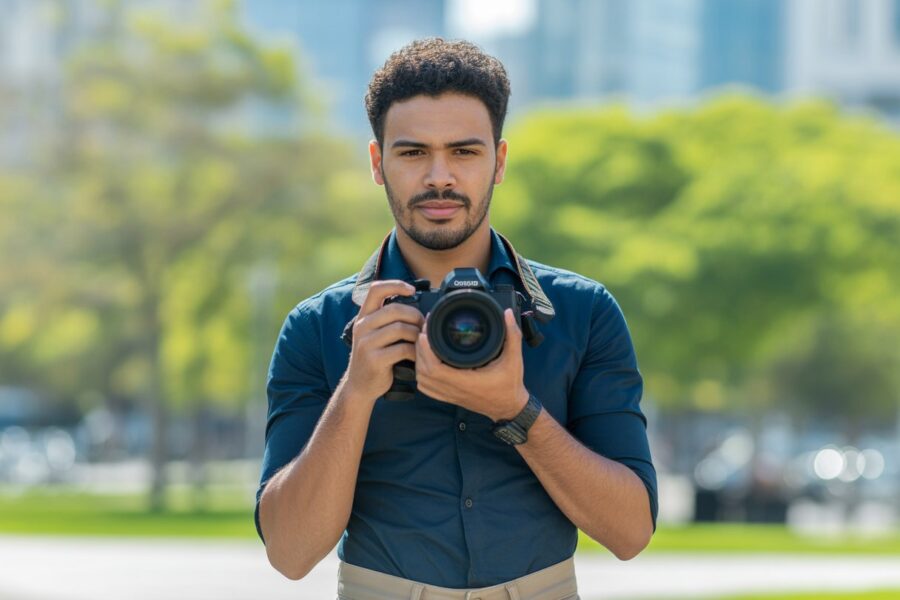 Homem segurando uma câmera fotográfica em um parque urbano com árvores ao fundo.