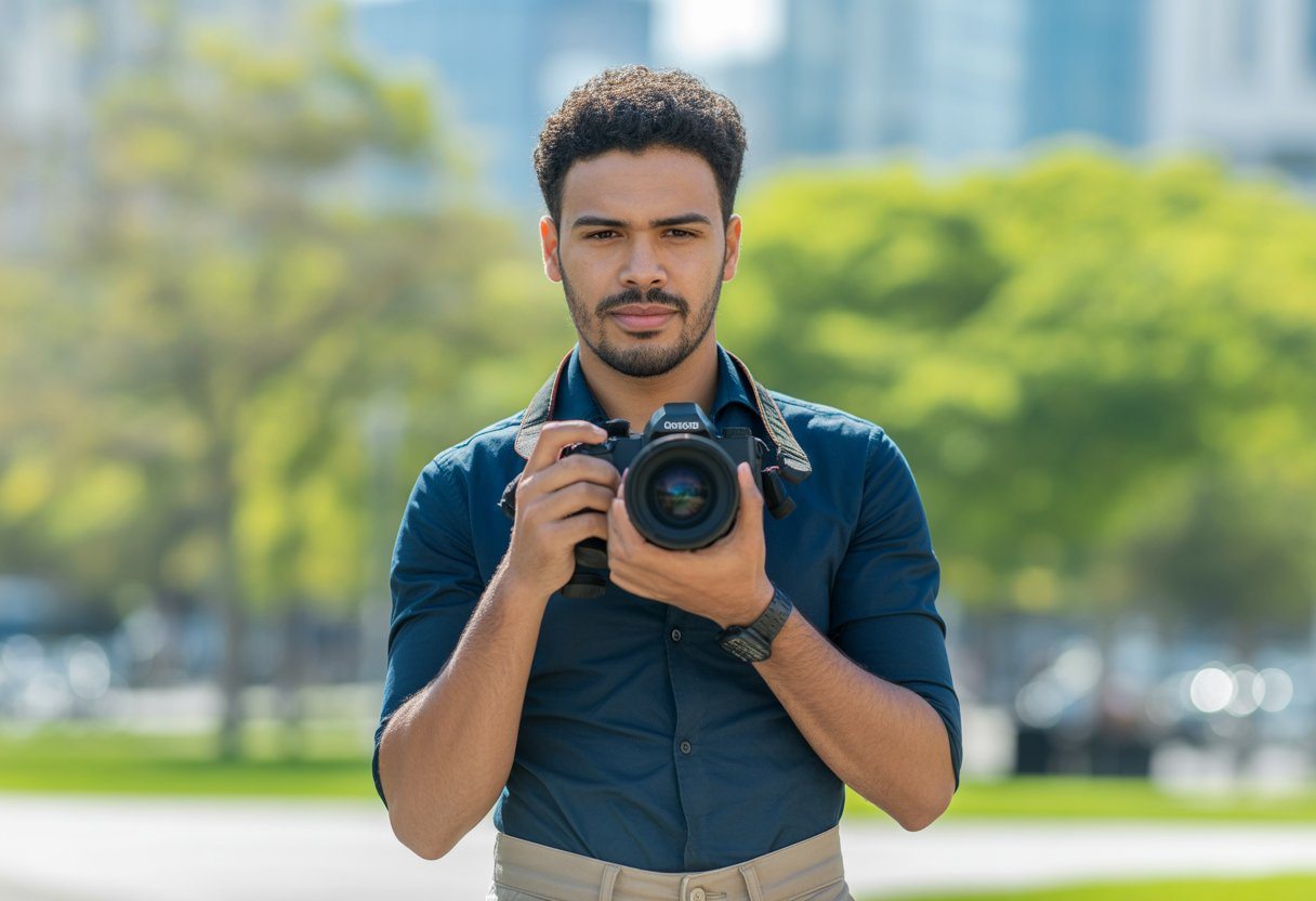 Homem segurando uma câmera fotográfica em um parque urbano com árvores ao fundo.