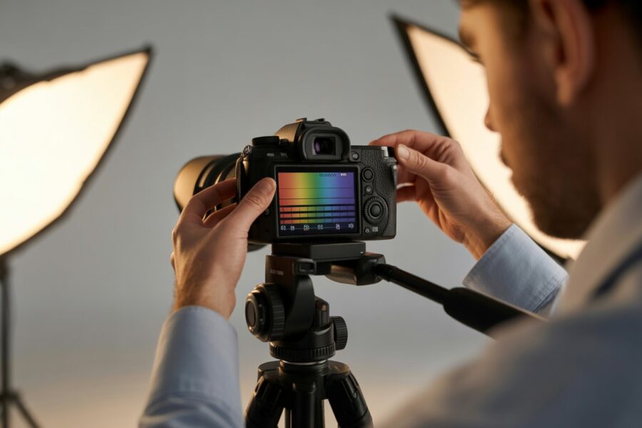 Fotógrafo ajustando uma câmera em um estúdio iluminado, com um padrão de teste na tela para evitar efeitos de banding.