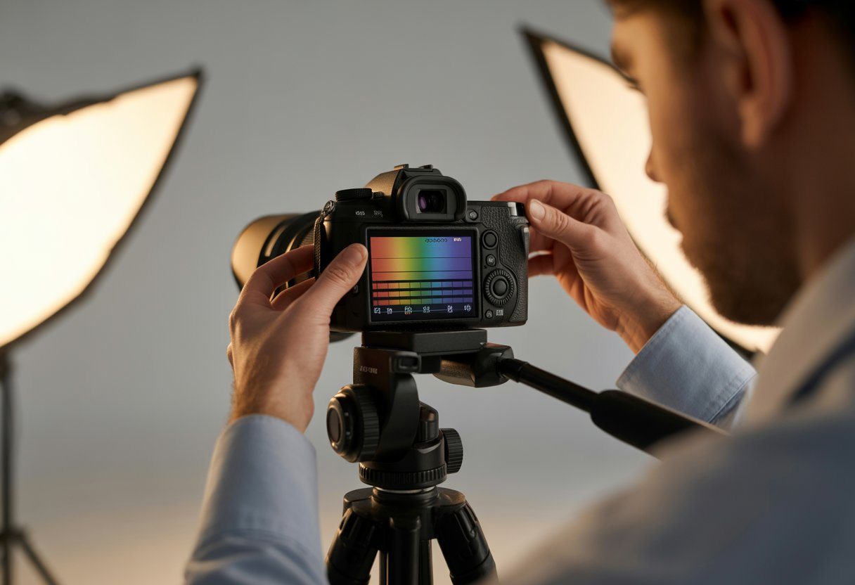 Fotógrafo ajustando uma câmera em um estúdio iluminado, com um padrão de teste na tela para evitar efeitos de banding.