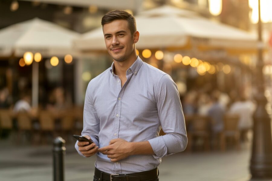 Homem confiante em pé ao ar livre em uma rua da cidade após um encontro, sorrindo levemente e segurando um celular.