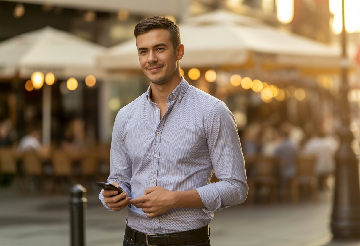 Homem confiante em pé ao ar livre em uma rua da cidade após um encontro, sorrindo levemente e segurando um celular.