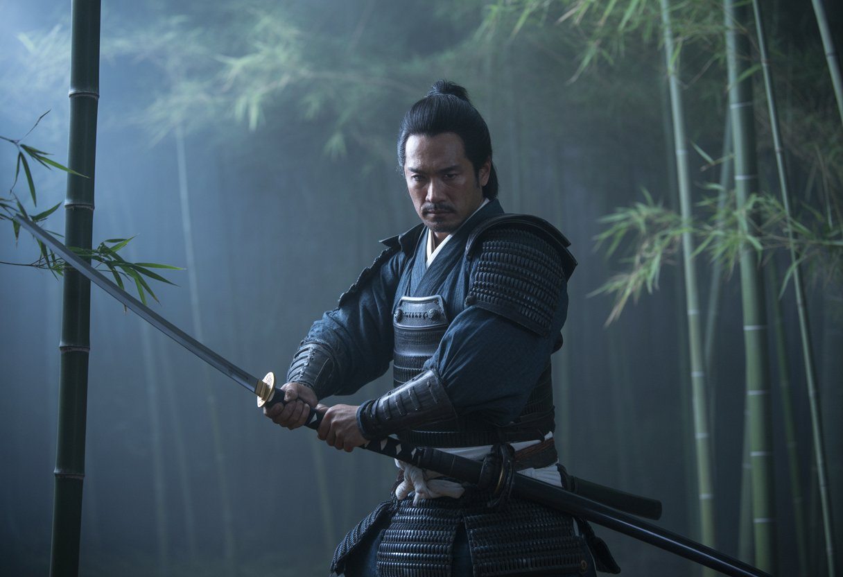Guerreiro samurai Tomioka em armadura tradicional em uma floresta de bambu ao entardecer, segurando uma katana em posição de combate.