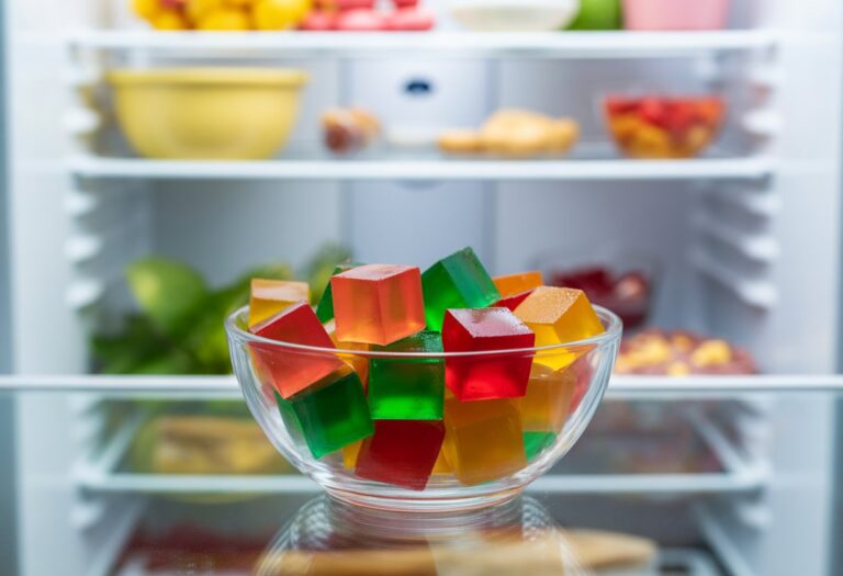 Tigela de vidro com cubos coloridos de gelatina dentro da geladeira.