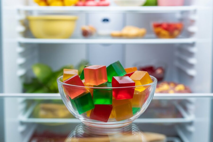 Tigela de vidro com cubos coloridos de gelatina dentro da geladeira.