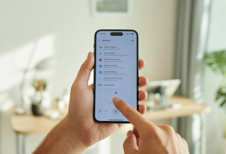 Pessoa segurando um smartphone com o menu de configurações de áudio aberto, em um ambiente interno bem iluminado.