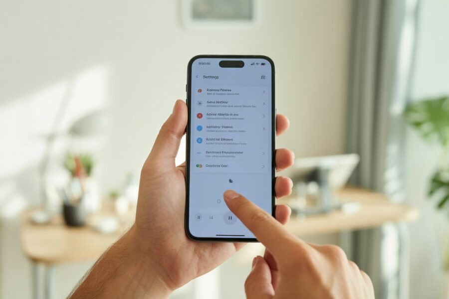 Pessoa segurando um smartphone com o menu de configurações de áudio aberto, em um ambiente interno bem iluminado.