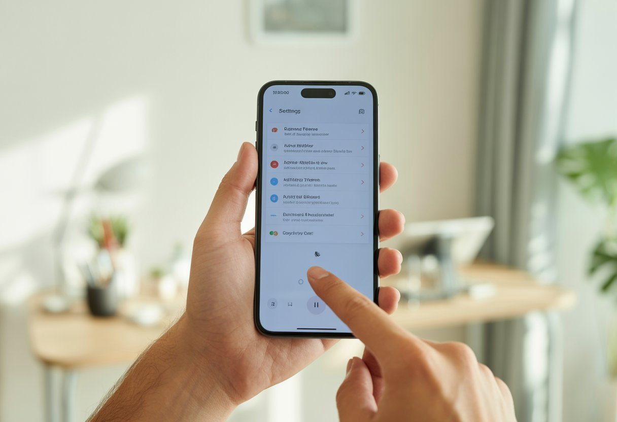 Pessoa segurando um smartphone com o menu de configurações de áudio aberto, em um ambiente interno bem iluminado.