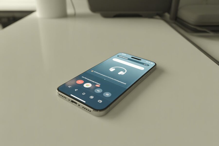 Um smartphone moderno sobre uma superfície clara, com o ícone de fone de ouvido visível na tela indicando que está conectado.