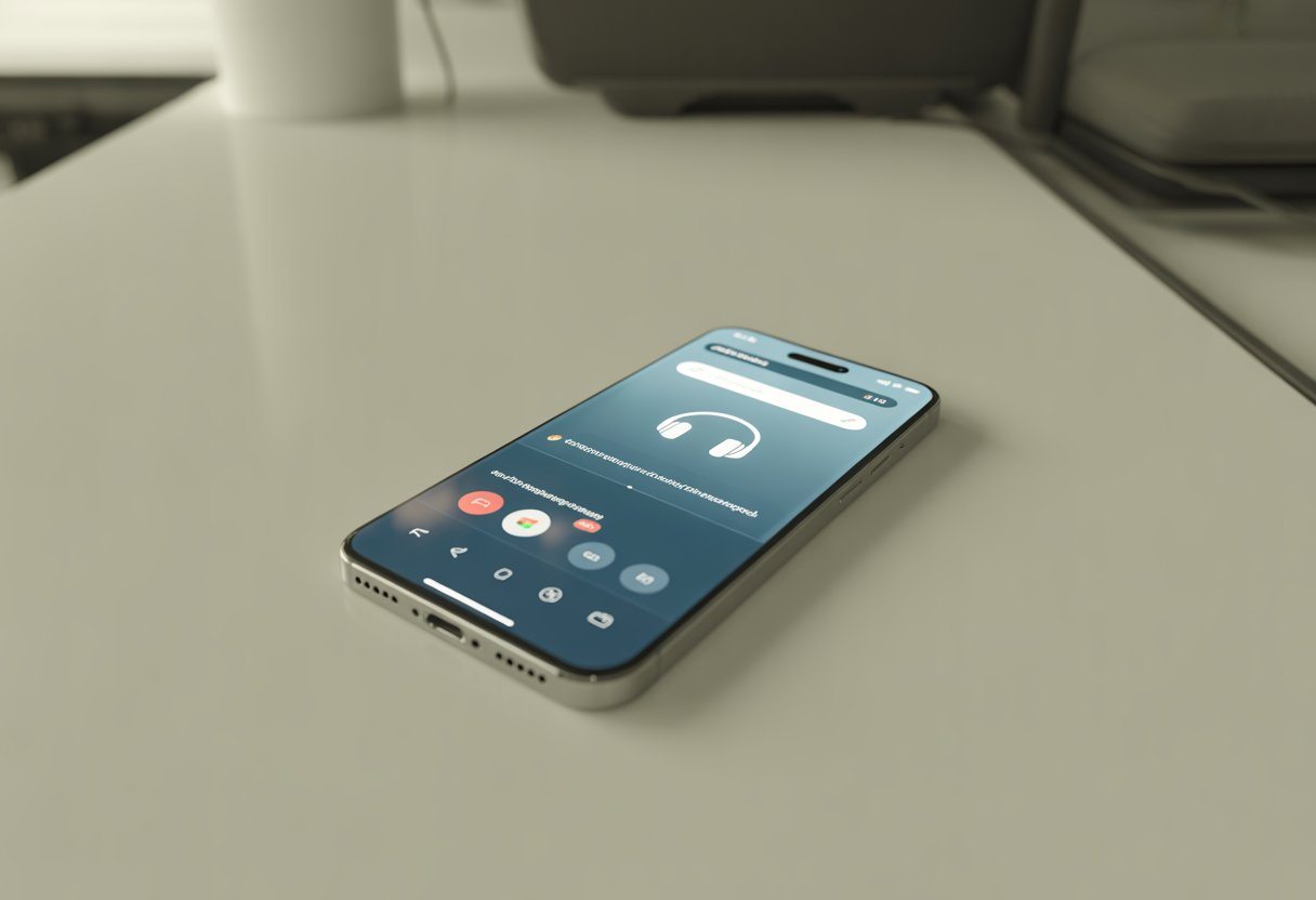 Um smartphone moderno sobre uma superfície clara, com o ícone de fone de ouvido visível na tela indicando que está conectado.