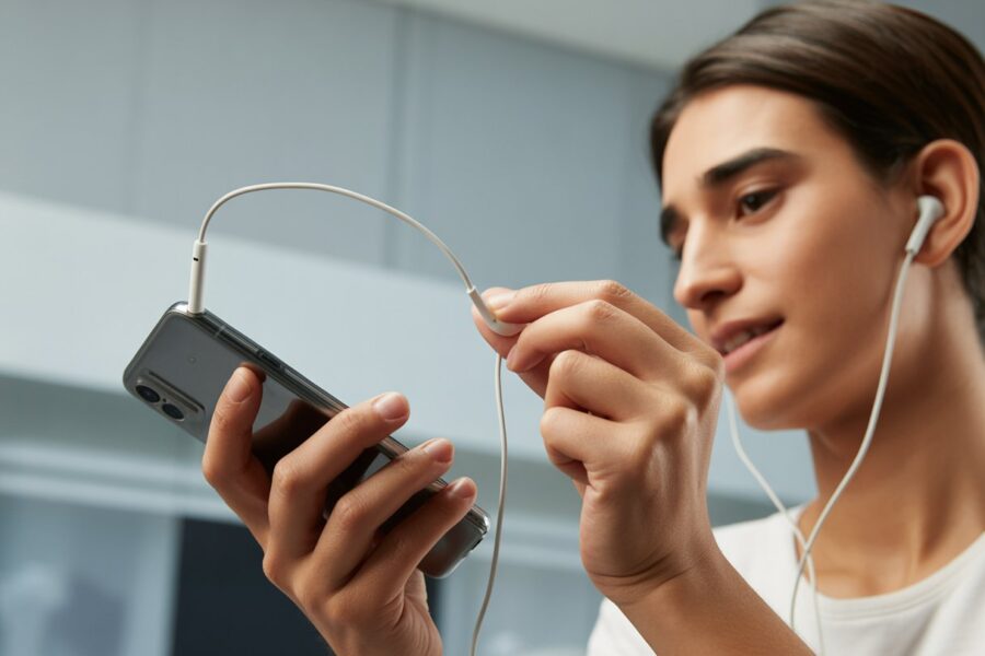 Pessoa tentando conectar fone de ouvido com fio em um celular, segurando o plugue próximo à entrada do aparelho.