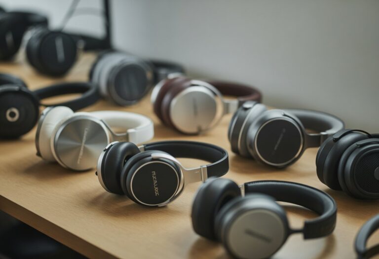 Vários fones de ouvido premium organizados sobre uma mesa em um ambiente de trabalho moderno.
