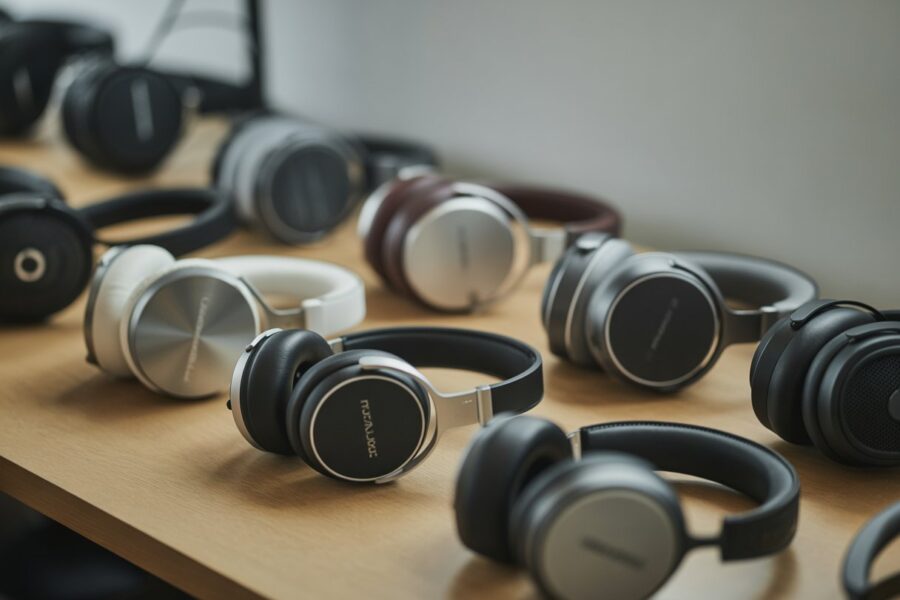 Vários fones de ouvido premium organizados sobre uma mesa em um ambiente de trabalho moderno.