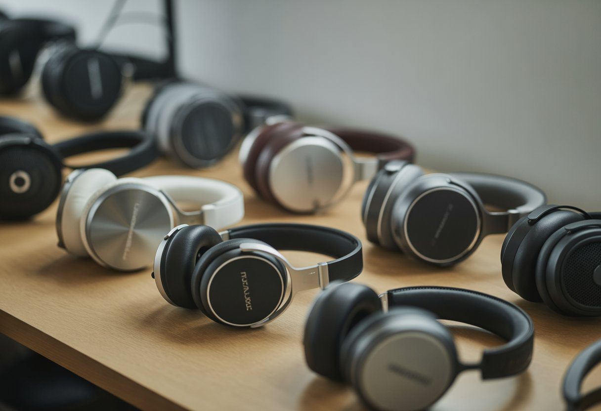 Vários fones de ouvido premium organizados sobre uma mesa em um ambiente de trabalho moderno.