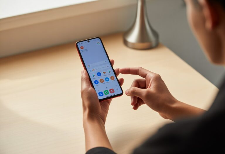 Pessoa segurando um smartphone vermelho Xiaomi Redmi, usando o aparelho com as mãos sobre uma mesa moderna.